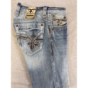 Rock Revival Pevey Slim Straight Jeans Mens 32 Blue Faded Distressed Denim